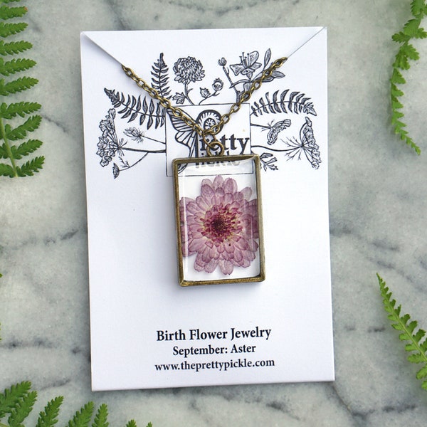 September Birth Flower Necklace, Real Flower Necklace, Aster Flower, Birthday Flower, Botanical Jewelry, Pressed Flower Jewelry