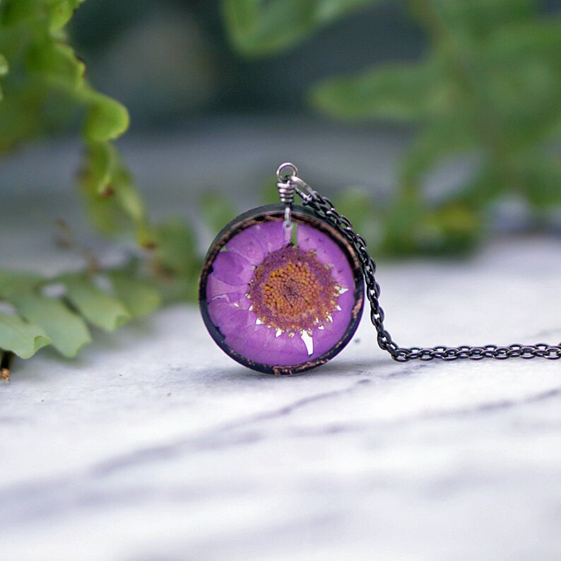 Purple Daisy Necklace Real Flower Necklace Purple Etsy