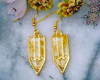 Pencil Earrings, Gold Botanical Pencil Earrings, Earrings for Teacher, Gift for Writer,  Yellow Floral Earrings, Real Flower