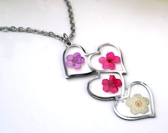 Stacked Hearts Flower Necklace, Real Pressed Flowers, Valentines Necklace, Feminine, Love, Heart, Pink, Purple, White, Stainless Steel