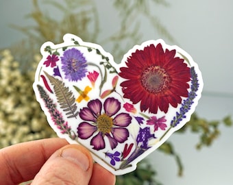 Botanical Heart Sticker, Pressed Flower Sticker, Sticker Art, Heart Sticker, White Heart Floral, Real Flower Image, Gift for Love