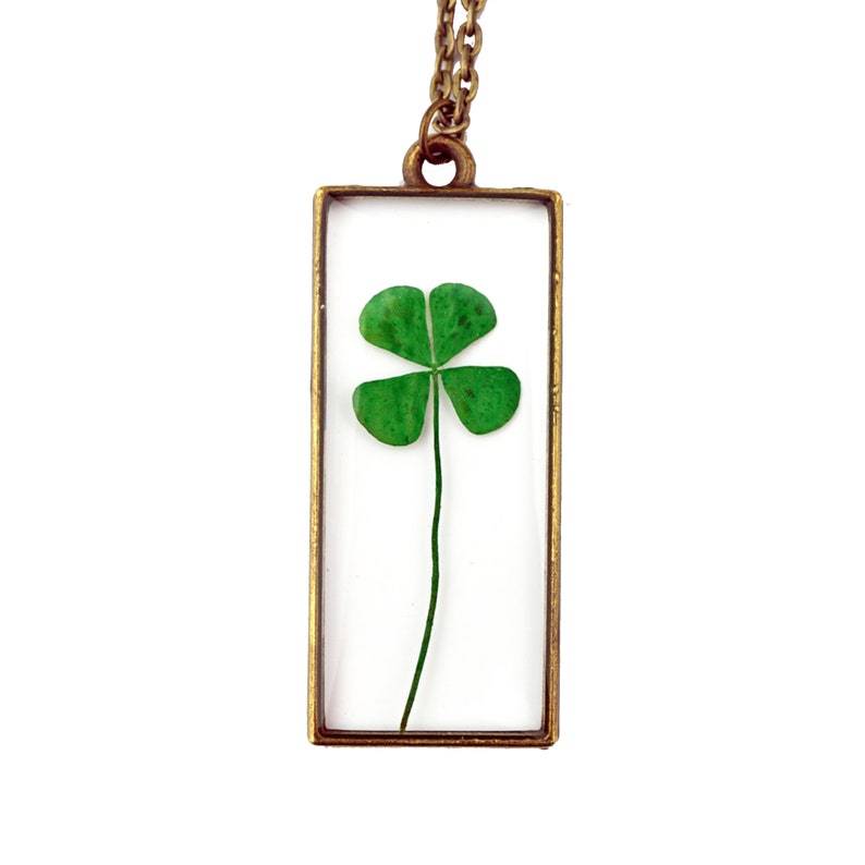 Four Leaf Clover Necklace, Real Four leaf Clover, Luck Pendant, St. Patricks Day jewelry, gold leaf resin pendant Antique Bronze