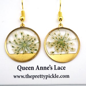 Queen Anne&#39;s Lace Gold Earrings, Resin Flower Earrins, Real pressed flower, preserved flowers