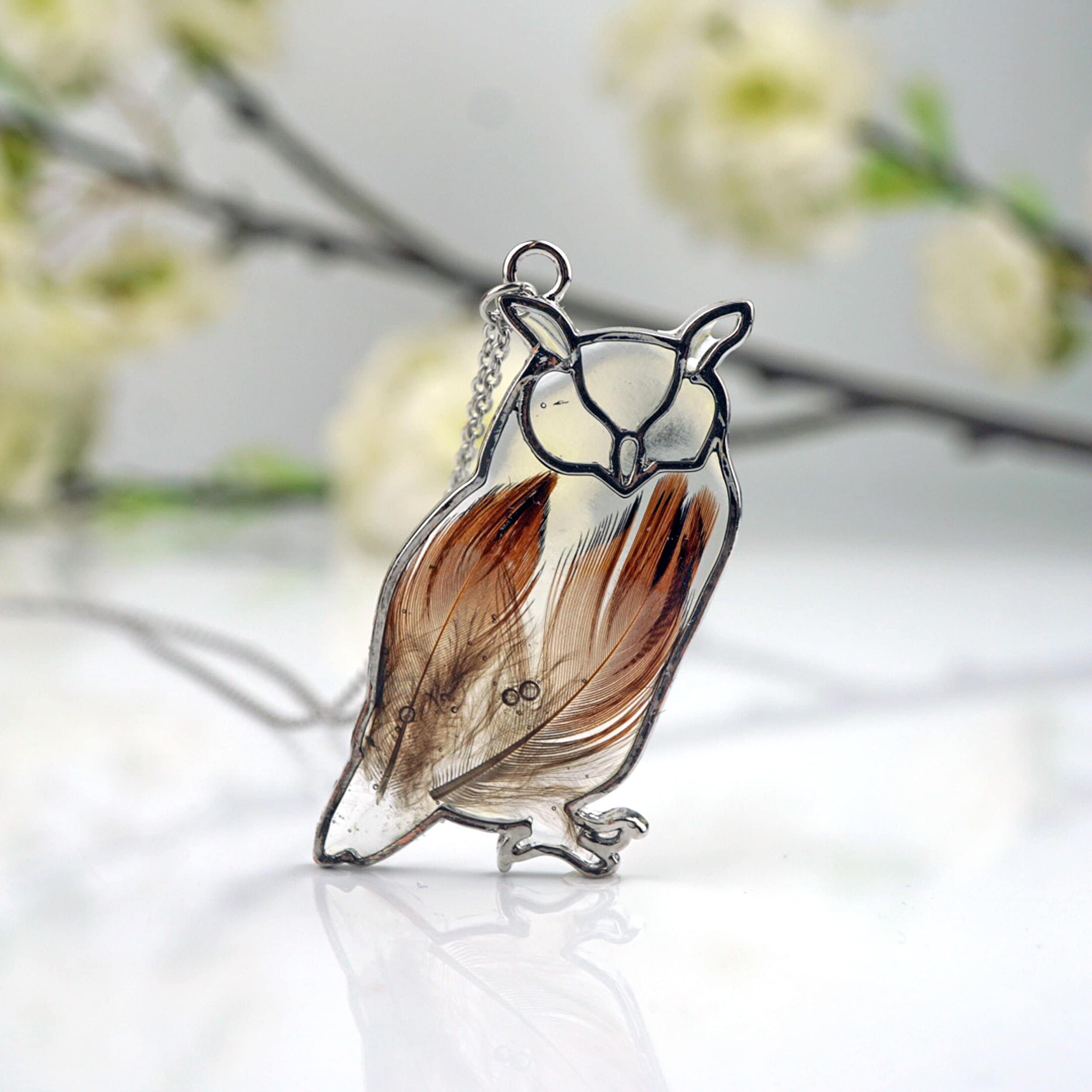 Owl Feather Necklace, Real  Feather,  Resin , Owl Necklace