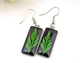 Fern Leaf Earrings, Real Pressed Fern Earrings, Fern in resin, Green Leaf, Woodland, Black, Stainless Steel, Hypoallergenic, Simple Style