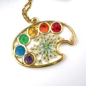 Painter Palette Necklace,  Real  Pressed flowers, rainbow, paint