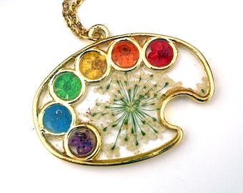 Collar de paleta de pintor, flores prensadas reales, arcoíris, pintura