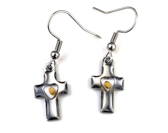 Small Cross Mustard Seed Earrings, Mustard Seed Heart Earrings, Cross and Heart, real mustard seed, resin, stainless steel, Faith Gift