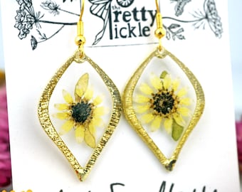 Sunflower Marquise Earrings, Stainless Steel, Pointed Oval Setting, Pressed Sunflower, Mini Sunflower, Yellow Flower, Real Pressed Floral