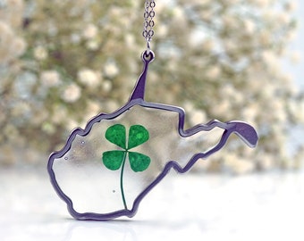 West Virginia Four Leaf Clover Pendant Necklace, WV Botanical, Botanical Jewelry, Pressed Flower Jewelry,  Real Pressed Clover, Four Leaf