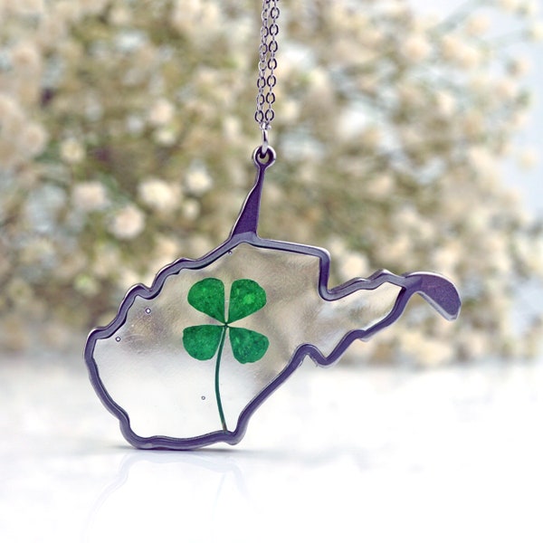 West Virginia Four Leaf Clover Pendant Necklace, WV Botanical, Botanical Jewelry, Pressed Flower Jewelry,  Real Pressed Clover, Four Leaf