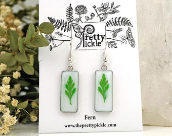 Fern Leaf Earrings, Real Pressed Fern Earrings, Fern in resin, Green Leaf, Woodland, White, Stainless Steel, Hypoallergenic, Simple Style