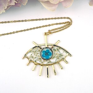 Eye Forget me Not necklace, real pressed forget me nots, queen anne&#39;s lace