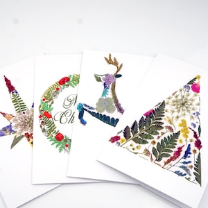 Botanische kerstkaarten, kerstkaart, ambachtelijk gemaakte kunstkaarten, kerstkaart met bloemen, blanco kerstkaart, kerstkaart met geperste bloem