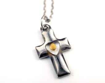 Small Cross Mustard Seed Necklace, Mustard Seed Heart Necklace, Cross and Heart, real mustard seed, resin, stainless steel, Faith Gift