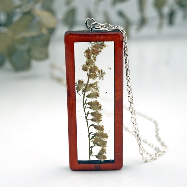 Goldenrod Rectangle Wood Pendant Necklace, Real Pressed Flower in Resin, Natural Goldenrod