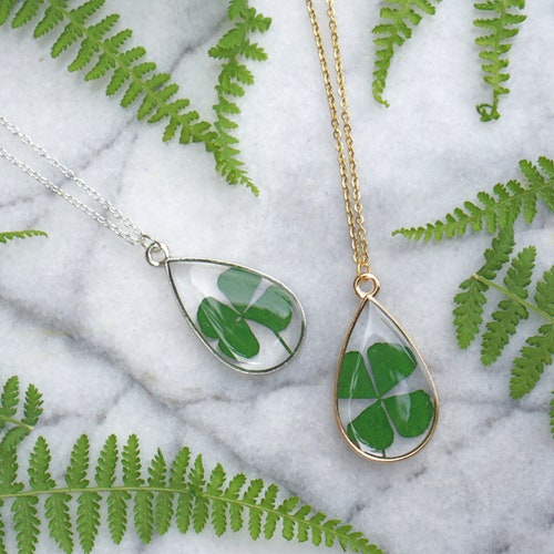 Real Dried Clover Flower Necklace - Genuine Pressed Leaf In Glass Pendant, 60cm Adjustable Bohemian Jewelry