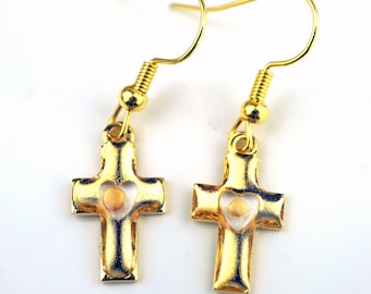 Small Cross Mustard Seed Earrings, Mustard Seed Heart Earrings, Cross and Heart, real mustard seed, resin, gold stainless steel, Faith Gift