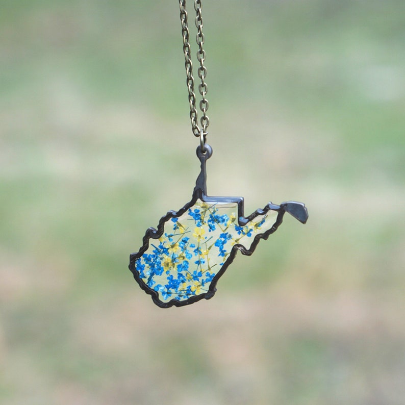 West Virginia Pendant Necklace, WV Botanical, Botanical Jewelry, Pressed Flower Jewelry, Flor Pendant, Monarch, Maple, Coal, Blue and Gold Blue and Gold Flower