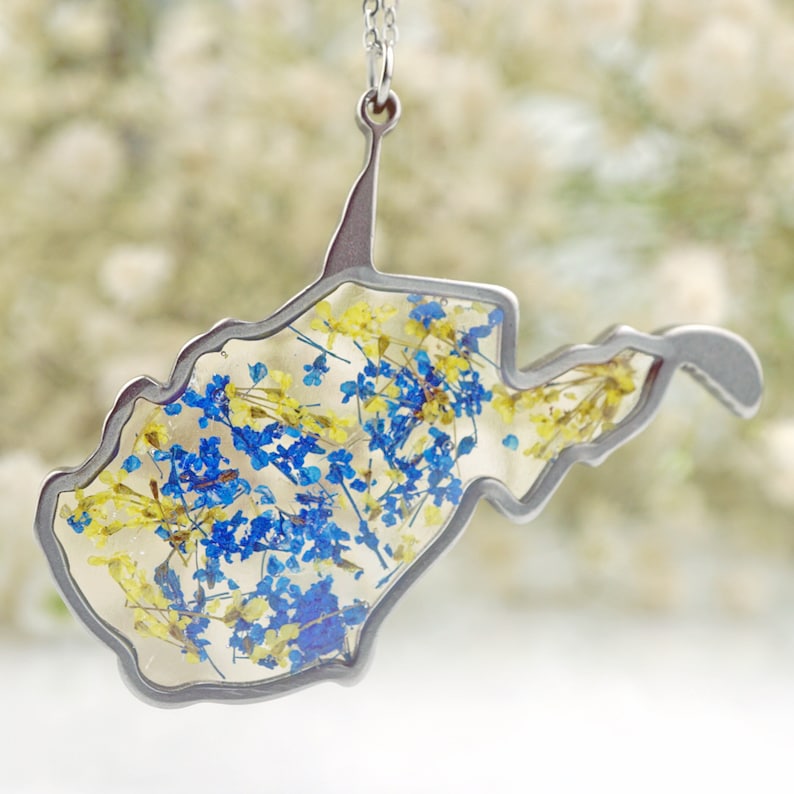 West Virginia Pendant Necklace, WV Botanical, Botanical Jewelry, Pressed Flower Jewelry, Flor Pendant, Monarch, Maple, Coal, Blue and Gold zdjęcie 7