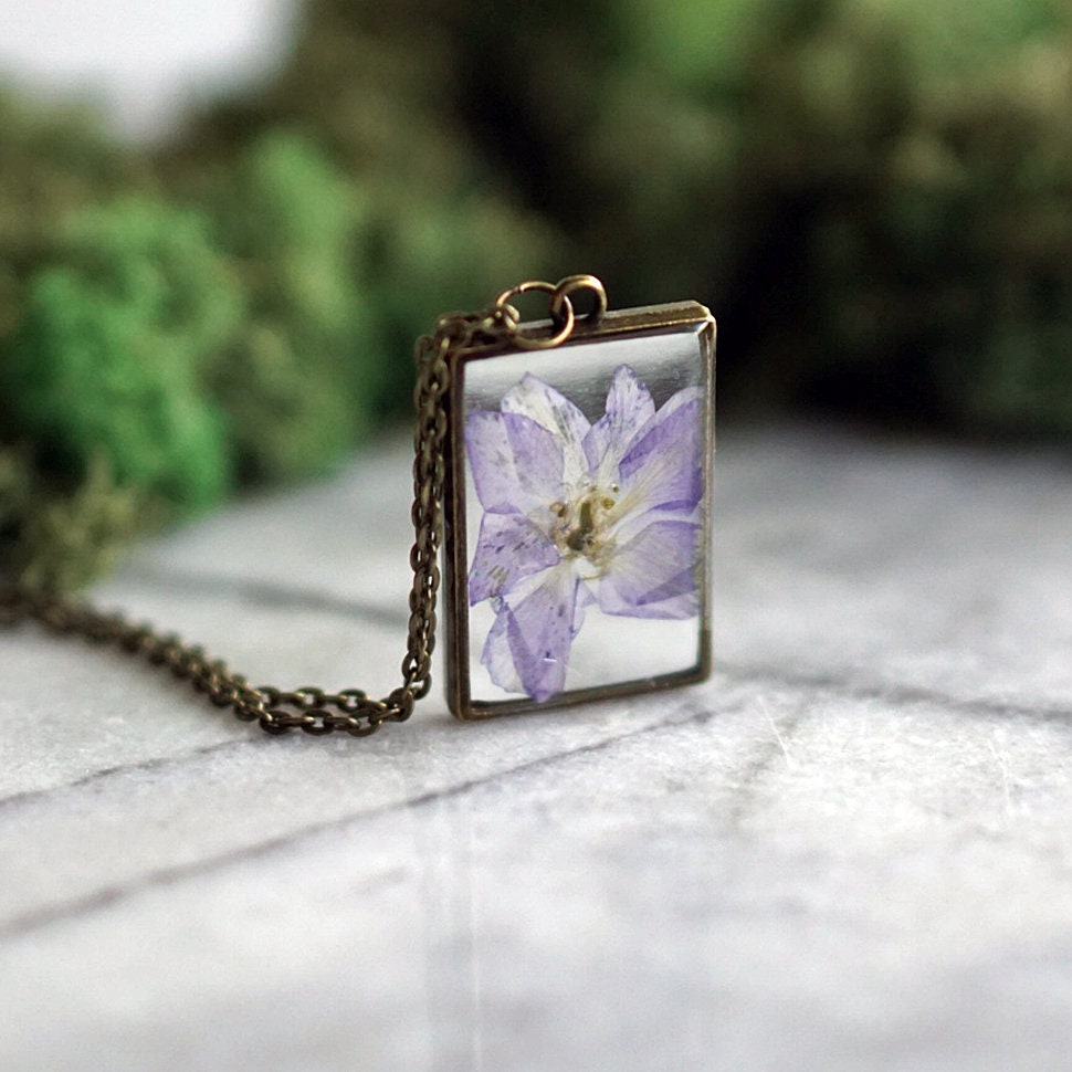 July Birth Flower Necklace Real Flower Necklace Larkspur Etsy UK
