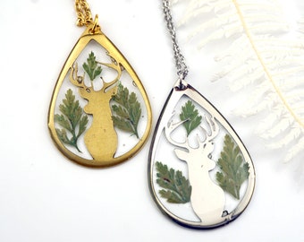 Deer Mount Fern Necklace, Real Pressed Fern Necklace, Huntress Gift, Whitetail Buck Necklace, Silver Deer, Gold Deer, Gift for Hunter, Deer