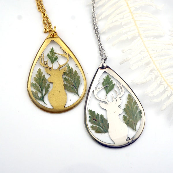 Deer Mount Fern Necklace, Real Pressed Fern Necklace, Huntress Gift, Whitetail Buck Necklace, Silver Deer, Gold Deer, Gift for Hunter, Deer