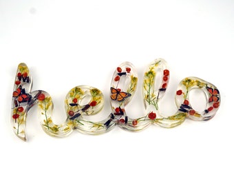 Hello Flower Resin Sign, Real pressed flowers, Hello Home  Decor, monarchs, fall decor, woodland red berries