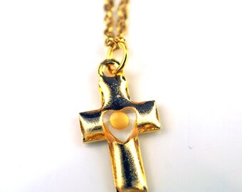 Small Cross Mustard Seed Necklace, Mustard Seed Heart Necklace, Cross and Heart, real mustard seed, resin, stainless steel, Faith Gift