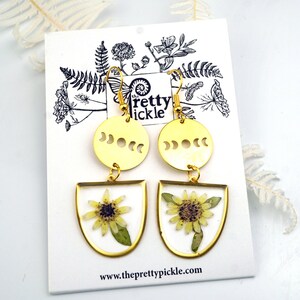 Sunflower Earrings, Real Pressed Flower Earrings, Geometric Statement Earrings, Moon Phase Earrings, Nature lover gift, Gift for Her
