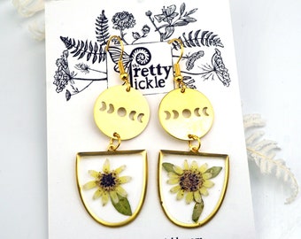 Sunflower Earrings, Real Pressed Flower Earrings, Geometric Statement Earrings, Moon Phase Earrings, Nature lover gift, Gift for Her