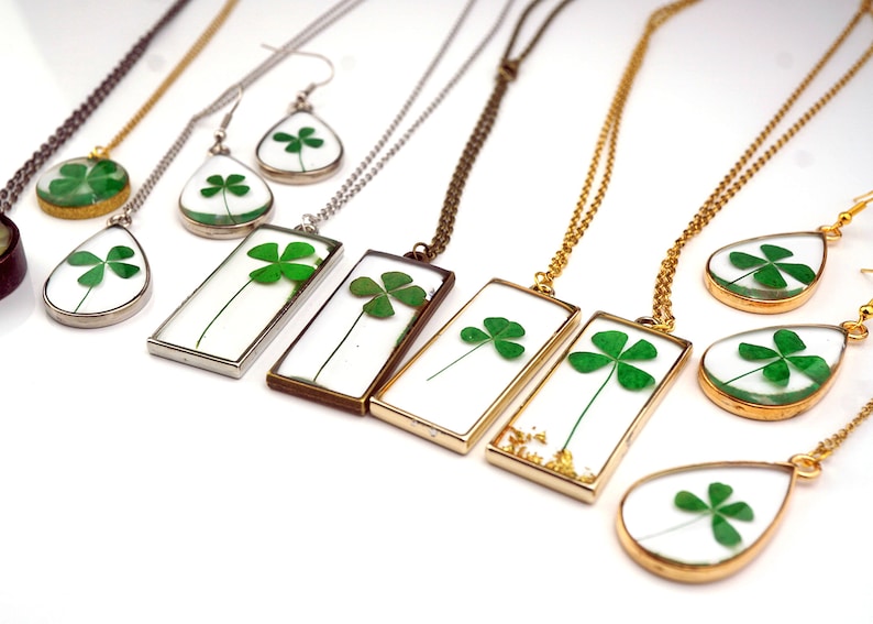 Four Leaf Clover Necklace, Real Four leaf Clover, Luck Pendant, St. Patricks Day jewelry, gold leaf resin pendant image 9