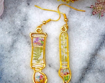 Artist Earrings, Gold Botanical Painter Earrings, Earrings for Painter, Gift for artist, Paint Brush and Paint Tube Earrings, Real Flower