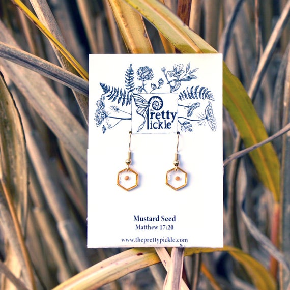 Hexagon Mustard Seed Earrings, Tiny Mustard Seeds, Resin and Gold hexagon earrings, tiny dangle earrings