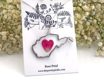 West Virginia Rose Petal Pendant Necklace, WV Botanical, Botanical Jewelry, Pressed Flower Jewelry,  Real Pressed Rose Petal, Rose Heart