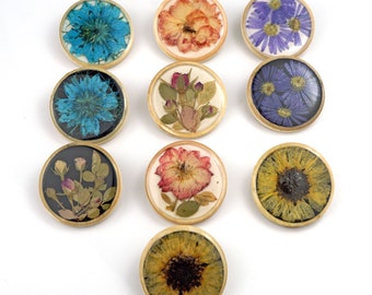 Botanical Wooden Brooch Pin, Real Pressed Flowers, Multiple Options, Rose, Blue, Sunflower