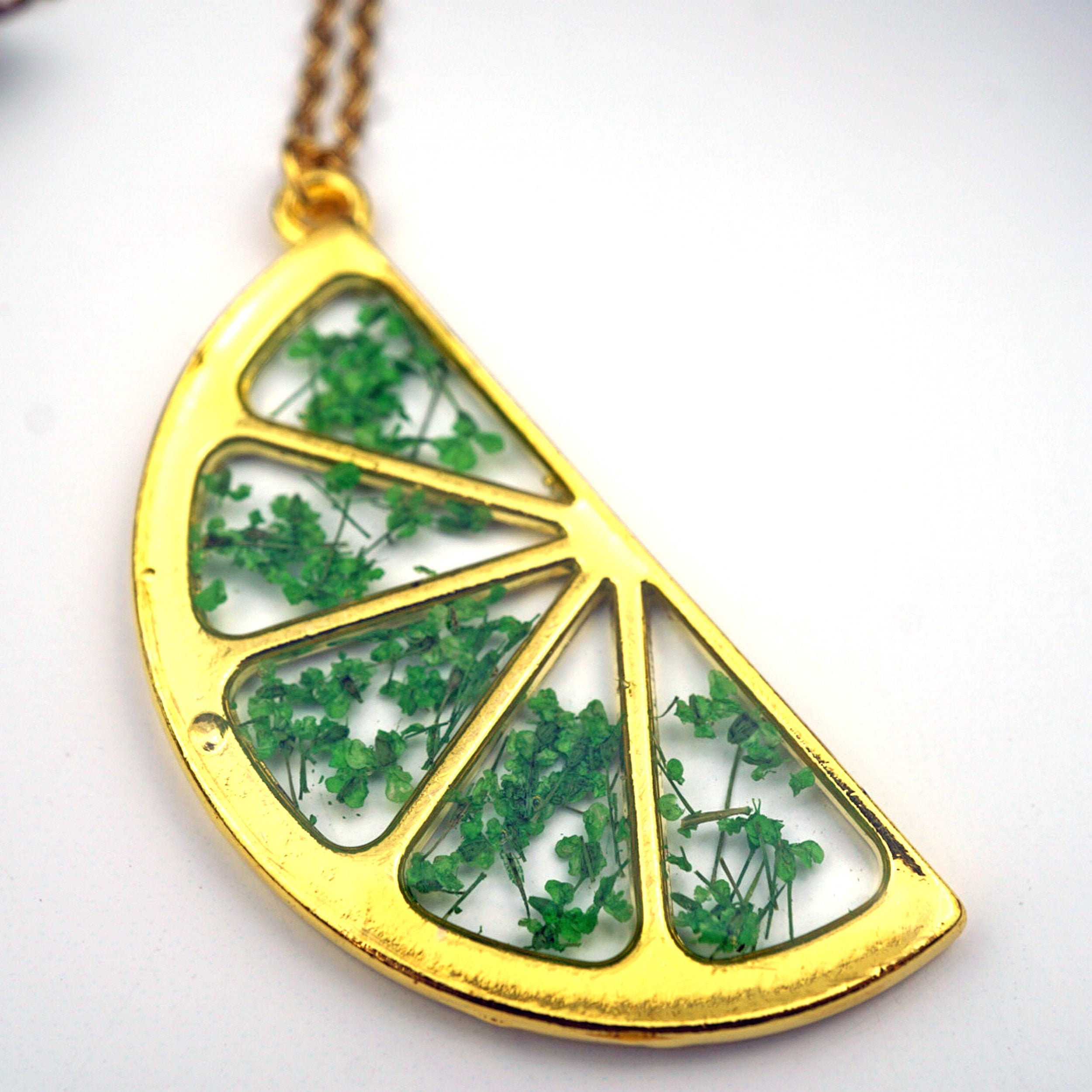 Lime Slice Botanical Necklace, Citrus Slice Shaped Pendant
