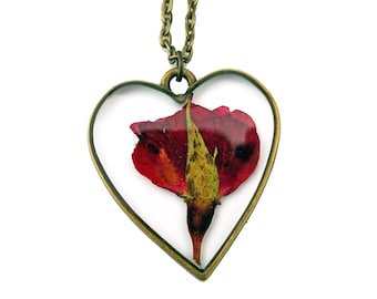 Rose Heart Necklace, Real Flower Necklace, Red Rose Valentine Gift, Botanical Jewelry, Pressed Flower Jewelry, Rose Petal, Roses, Valentine