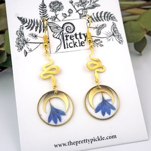 Cornflower and Snake Earrings, Crescent Moon Floral Earrings, Real Pressed Flower Earrings, Bright Blue Flower, Resin Earrings