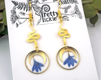 Cornflower and Snake Earrings, Crescent Moon Floral Earrings, Real Pressed Flower Earrings, Bright Blue Flower, Resin Earrings