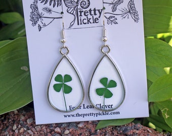 Four Leaf Clover Earrings, Real Clover Earrings, Pressed Botanical Jewelry, Lucky earrings