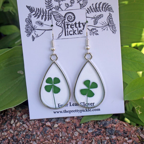 Four Leaf Clover Earrings, Real Clover Earrings, Pressed Botanical Jewelry, Lucky earrings