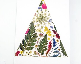 押し花クリスマスツリーカード：花のホリデーグリーティング