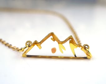 Mountain Range Gold Mustard Seed Necklace, Stainless Steel Mountain pendant, Real Mustard Seed, Resin Jewelry, Faith Gift, Move Mountains