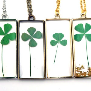 Four Leaf Clover Necklace, Real Four leaf Clover, Luck Pendant, St. Patricks Day jewelry, gold leaf resin pendant image 3