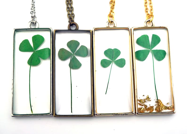 Four Leaf Clover Necklace, Real Four leaf Clover, Luck Pendant, St. Patricks Day jewelry, gold leaf resin pendant image 3