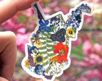 West Virginia Flower Art Sticker, Pressed Flower Sticker, Sticker Art, WV State Sticker, WV Floral, Real Flowers, Gift for West Virginian