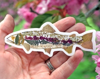 Rainbow Trout Floral Sticker, Pressed Flower Sticker, Sticker Art, Trout Sticker, Fish Floral, Real Flower Image, Gift for Fisherman, Flora