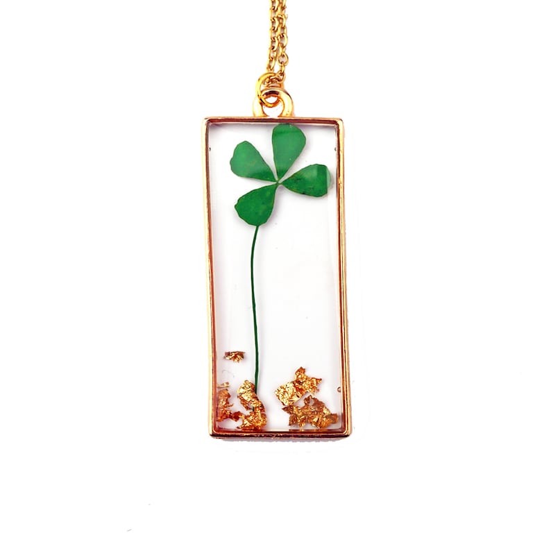 Four Leaf Clover Necklace, Real Four leaf Clover, Luck Pendant, St. Patricks Day jewelry, gold leaf resin pendant Gold Leaf