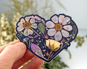 Botanical Heart Sticker, Pressed Flower Sticker, Sticker Art, Heart Sticker, Black Heart Floral, Real Flower Image, Gift for Love